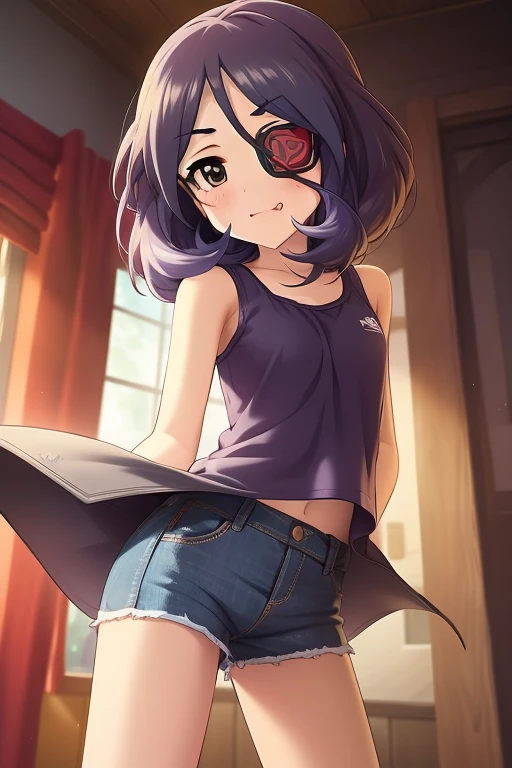 Hayasaka Mirei,purple hair,multicolored hair,fang,brown eyes,short hair,eyepatch,Tank top,Denim shorts,shorts rolled,belr
