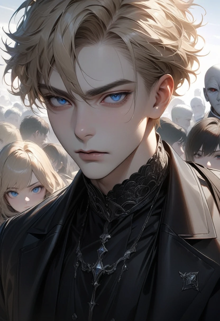 masterpiece, best quality, Super detailed, High Definition, HdR, realistic, depth, fine texture, super fine, Complete concentration, Pale man with blond hair and a muller cut, looking over his shoulder, posing on the back, wearing a black jacket, formal black bag, Beautiful man, Young man, blue eyes, male face, attractive young man, serious expression, poker face Single color white background, away from the camera, that there is space around, short platinum blonde hair, wearing a formal coat with a black puff collar, Refined plush collar, well combed hair, ultra pale skin, Detailed face, unique man in the picture. Cute and young male face, but detailed, sky blue eyes.
adult man.