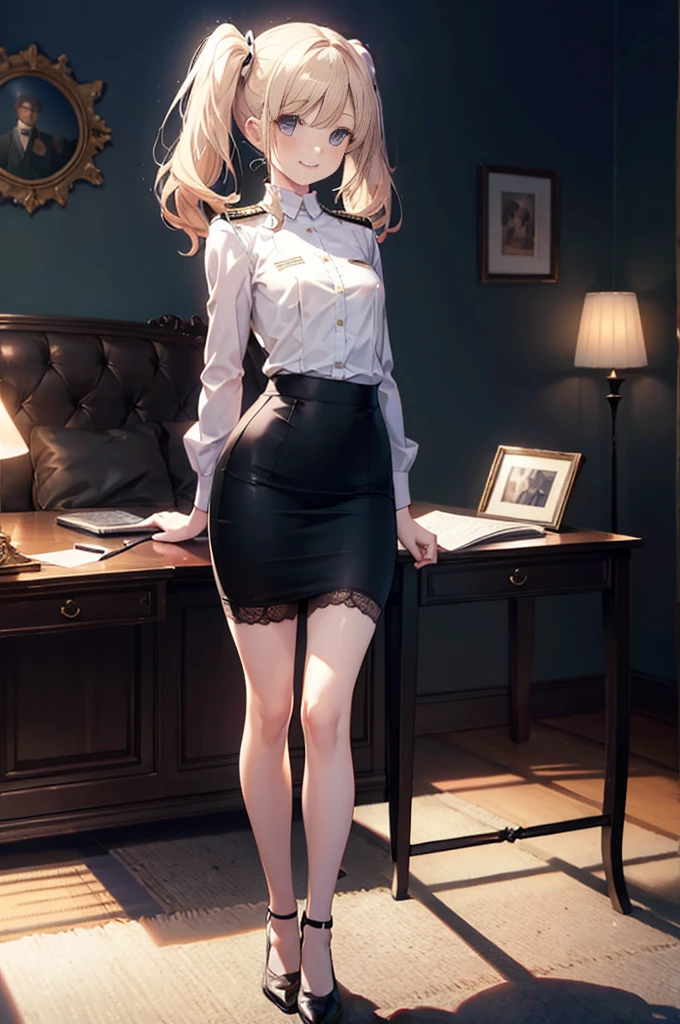 (masterpiece), 4K,woman,long sleeve military uniform,Small breasts,Small Ass,Twin tails,Light bulb lighting,Realistic, skinny, lace garter belt,Smile,((Knee-length pencil skirt)),,Choosing underwear