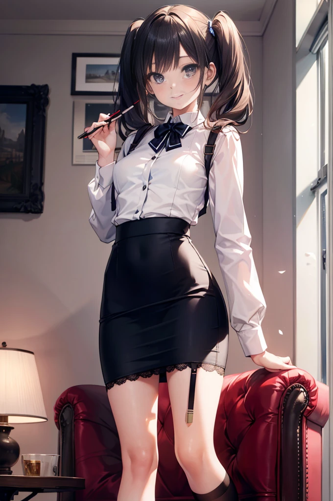 (masterpiece), 4K,woman,long sleeve military uniform,Small breasts,Small Ass,Twin tails,Light bulb lighting,Realistic, skinny, lace garter belt,Smile,((Knee-length pencil skirt)),,Choosing underwear