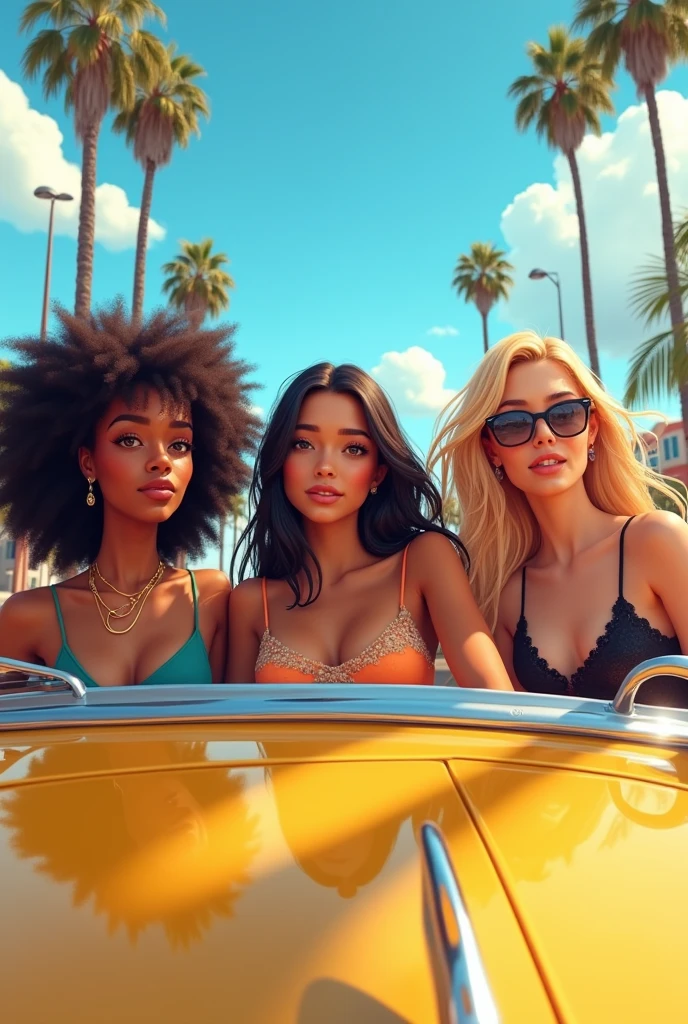 3 young women in a convertible in L.A Vibes 
1. Woman tanned with midline curls and clumps 2 Woman long straight hair dark blonde with freckles and glasses 3. Woman with long blonde waves slightly tanned