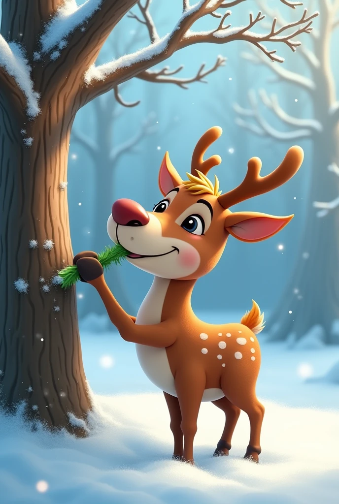 Image of an animated reindeer eating birch in a snowy area