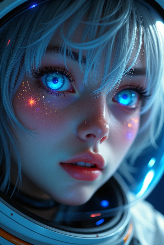 (Close-up of a better masterpiece:1.5)0.9], (Space and astronauts:1.2) (Messy silver hair:1.1) (Heterochromia xanthochromia and blue eyes:1.2) (Space Helmet:1.0) (Colored stars in the eyes:1.0) (A radiant glow:1.1) (thick lips:0.9)