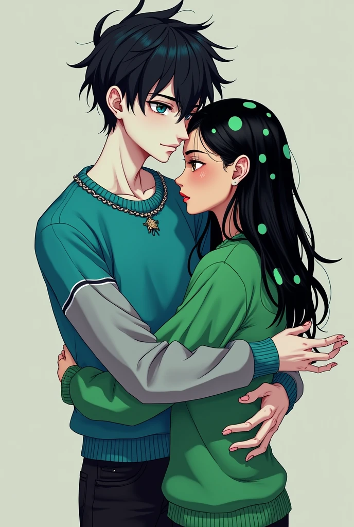 Messy black hair with cyan spots One eye is cyan and the other is grey His skin color is white He has a sweater with braids on the neck in cyan The sleeves of the sweater are grey and the rest of the sweater is cyan He has black pants And Jordan brand shoes He is hugging a girl with a green sweater and black hair with green spots