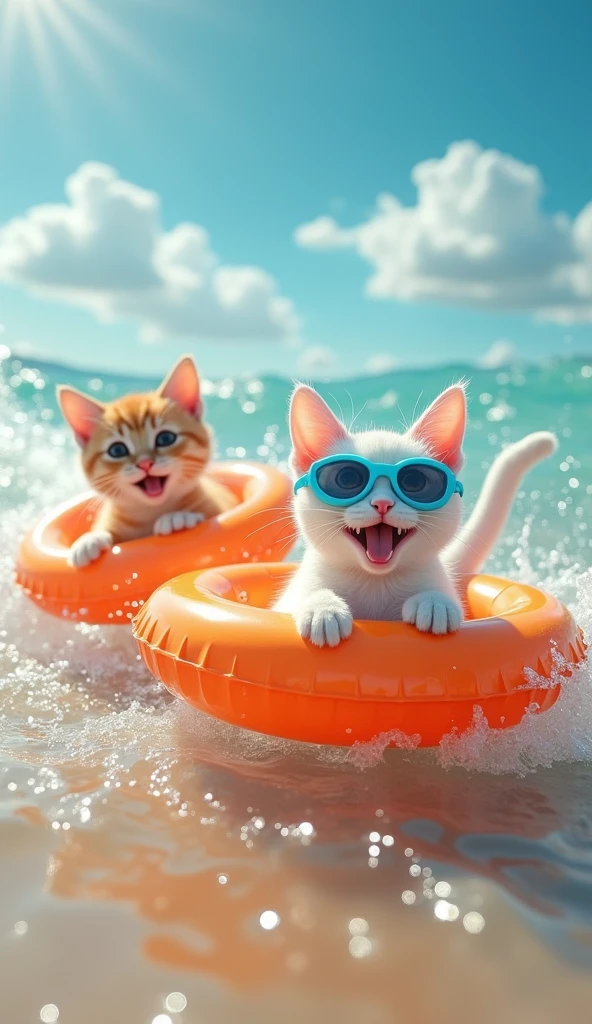 Two cute cats, one light orange and the other white with blue goggles on their heads, floating in swimming rings by the beach, smiling happily, with bright colors, clear details, natural lighting, lively movements, summer atmosphere, water waves splashing around them, high saturation, warm tones, wide-angle lens, water sports background.