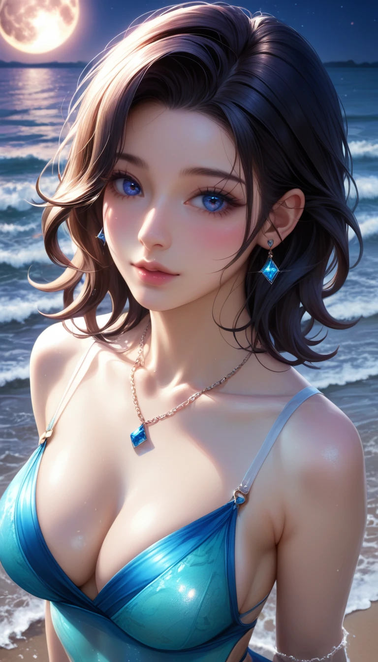 score_9, score_8_superior, score_7_superior, A masterpiece in 32K resolution,Highest quality,it is really amazing,Very detailed,Ultra-high resolution,Ultra-realistic,Realistic,Increased depth of field,Cinematic lighting,
Elegant Japanese adult woman,
black straight medium hair,Ultra-detailed and beautiful face,Gentle expression,Translucent white skin,Realistic skin texture,
Sexy Swimwear,
Bold design,Artistic design,Beautiful and detailed pattern,Detailed fabric texture,
Gorgeous necklace,Earrings,
Coastline at night,Giant Moon,Dark clouds floating in the dark night sky,
High angle,