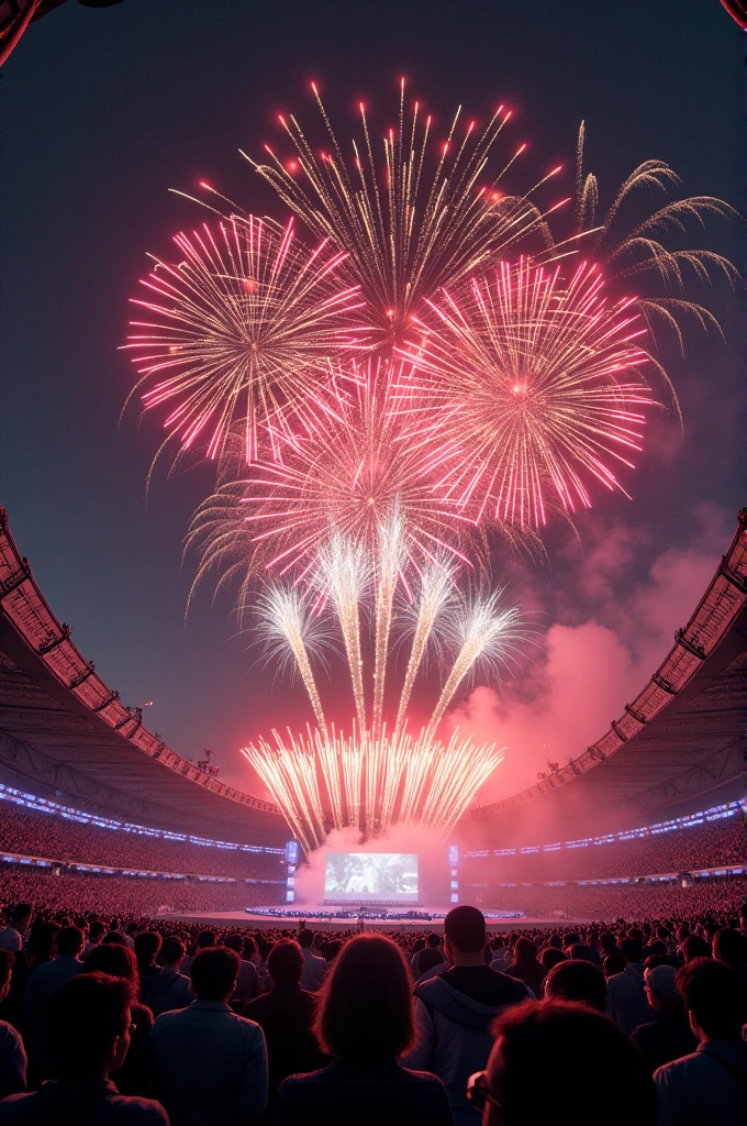 An image of the closing ceremony with fireworks lighting up the night sky