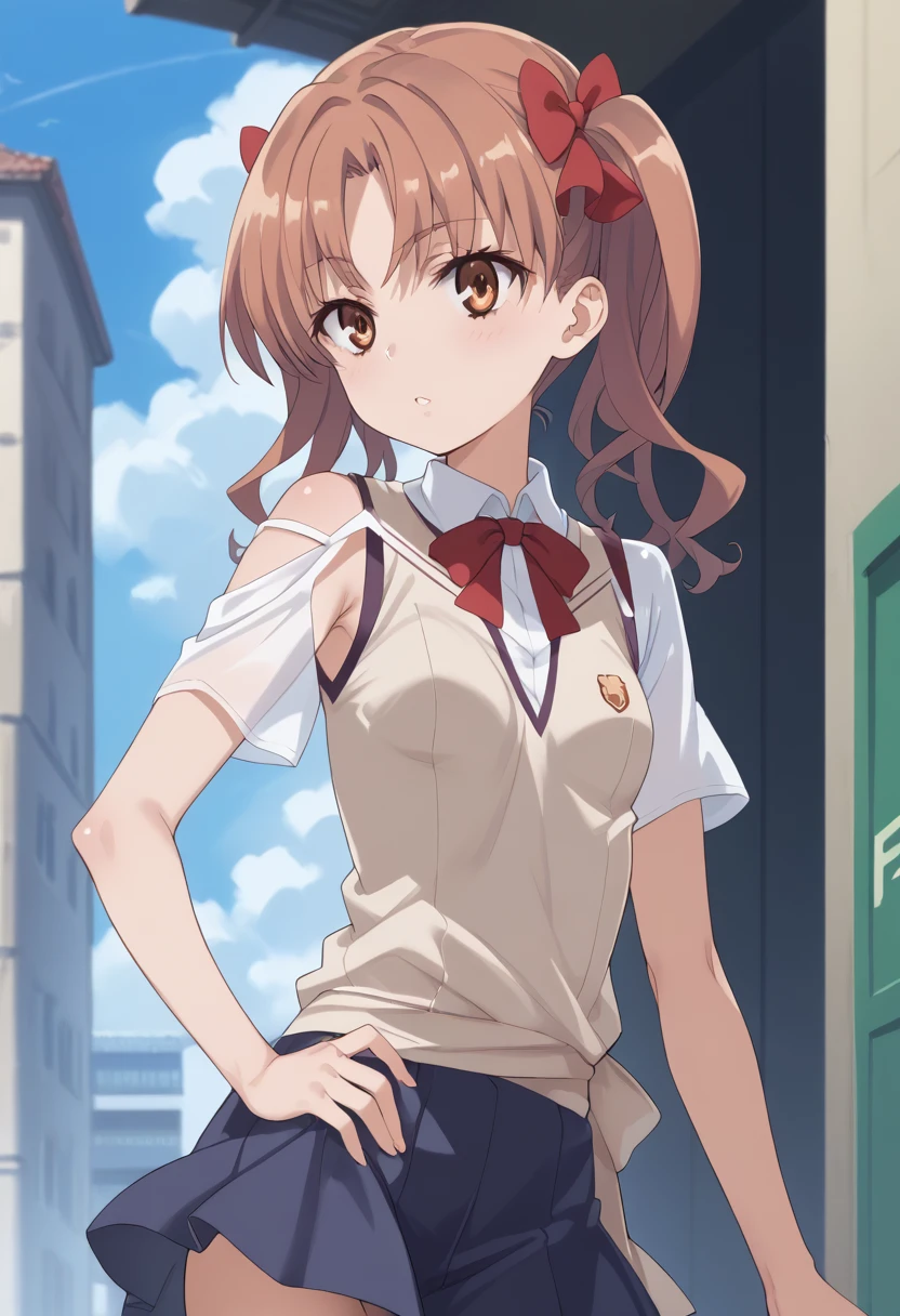 ((masterpiece,High resolution,Highest quality,8k)) Kuroko Shirai, BREAK, female, light brown hair in twin tails, amber eyes, BREAK, Small breasts, slender, bare collarbone BREAK: (white sleeveless summer dress), (bare arms), (bare shoulders), BREAK: posing haughtily, condescending look