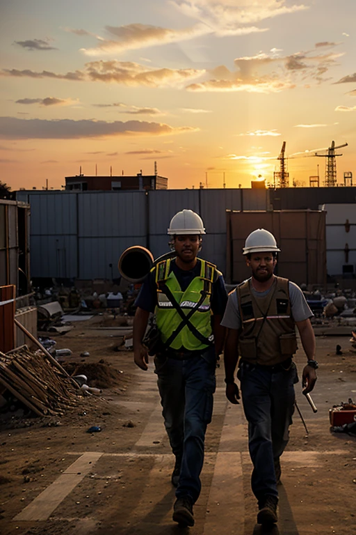 Workers in hard hats hurry through a construction site, carrying tools and materials, against the backdrop of a bright sunset.