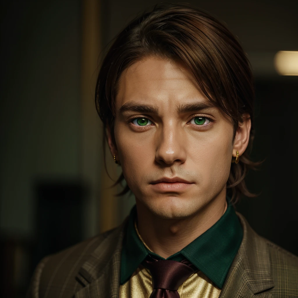 Man tie and term dark green colors, red tie, brown hair, small gold earring right ear, outlined black, anime, golden eyes, cold look, expression would be