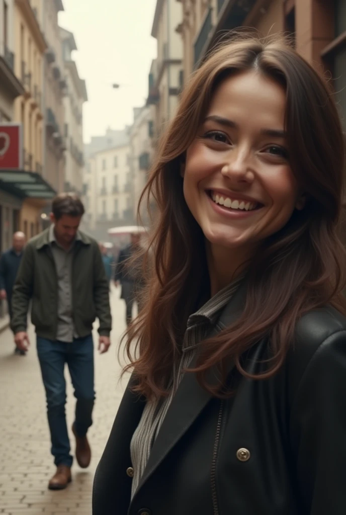Smiling woman in front and sad man in back walking away , realistic 4k Only one man in the picture With the man facing the other way