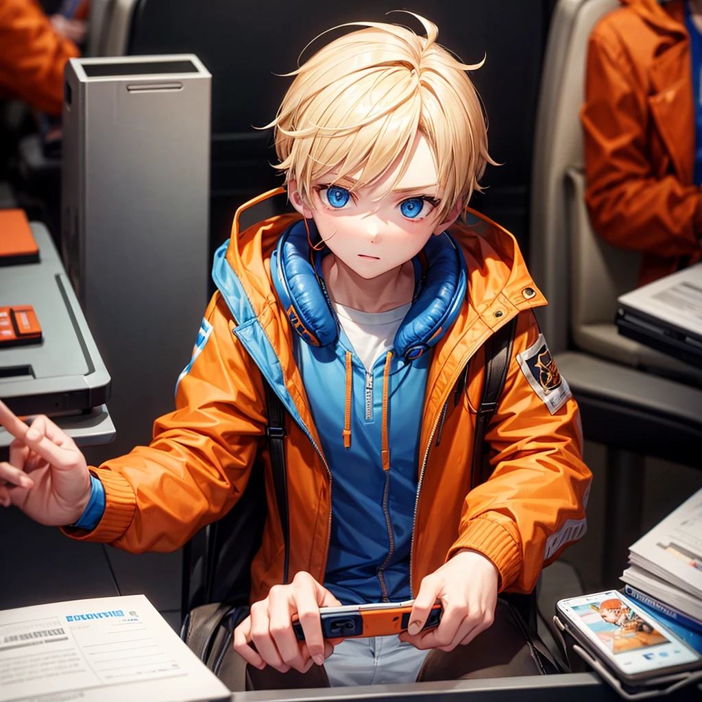Blond boy with blue eyes in orange jacket. Playing on your cell phone with gaming headphones on your ears