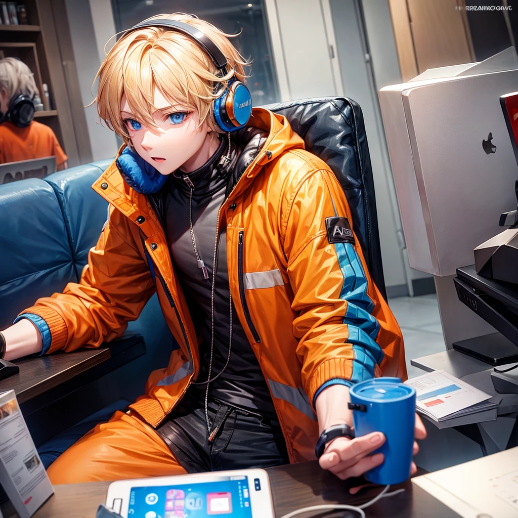Blond boy with blue eyes in orange jacket. Playing on your cell phone with gaming headphones on your ears