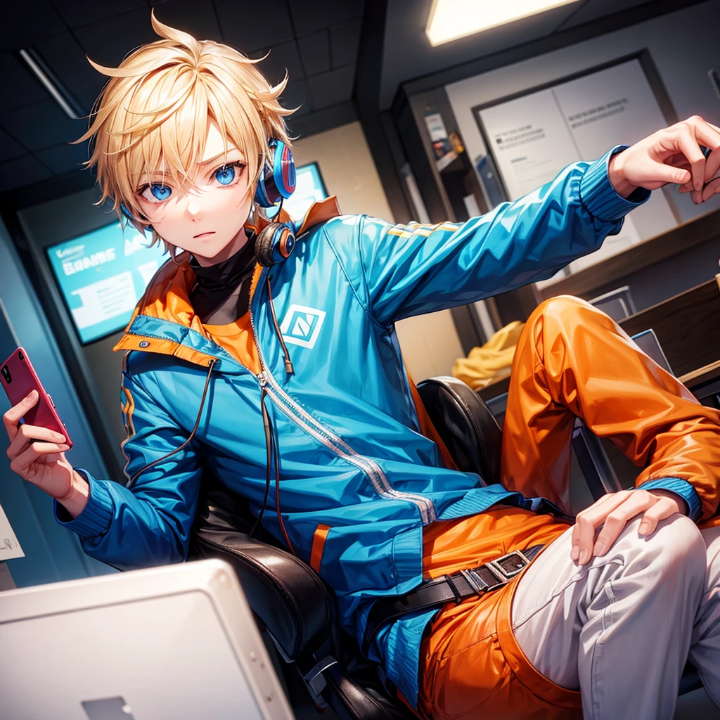 Blond boy with blue eyes in orange jacket. Playing on your cell phone with gaming headphones on your ears