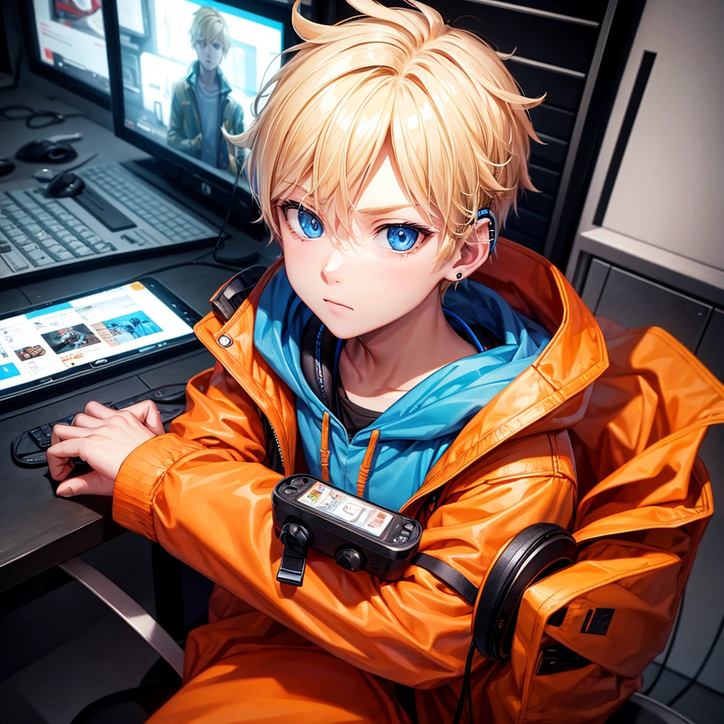 Blond boy with blue eyes in orange jacket. Playing on your cell phone with gaming headphones on your ears
