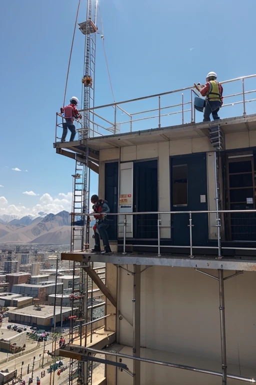 High-altitude workers on scaffolding, installing the building&#39;s facade, using modern technologies. 
