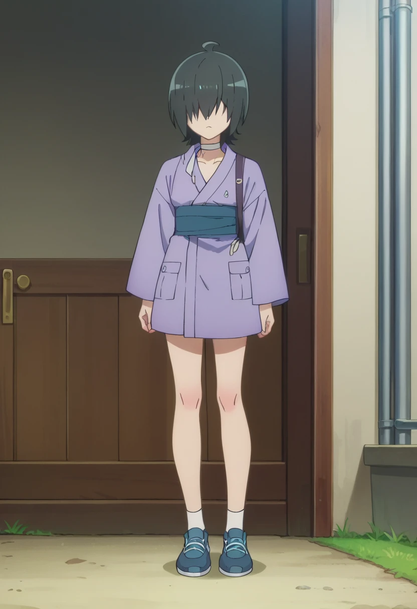 Chigusa Hitachi, anime screencap, hair over eyes, black hair. full body