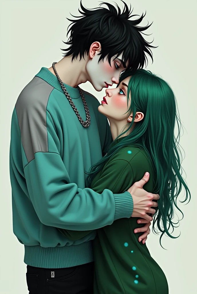 Messy black hair with cyan spots One eye is cyan and the other is grey His skin color is white He has a sweater with braids on the neck in cyan The sleeves of the sweater are grey and the rest of the sweater is cyan He has black pants And Jordan brand shoes He is hugging a girl with a green sweater and black hair with green spots having sex