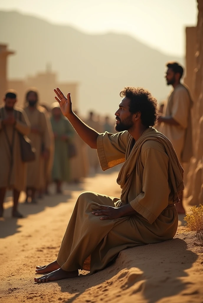  The scene should depict Bartimaeus sitting by the roadside, wearing simple, worn-out clothes, typical of biblical times. He should have an expression of hope and determination as he raises his hand., calling Jesus to heal him. No fundo, capture the ambiance of the ancient city of Jericho, with a crowd of people around, some looking curiously, others passing by. Use soft, natural lighting to convey the atmosphere of the period and highlight the emotion of the moment..