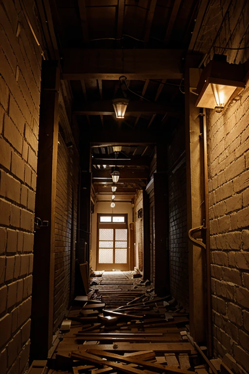 Narrow passage at a construction site,  filled with building materials,  with a lamp hanging overhead.