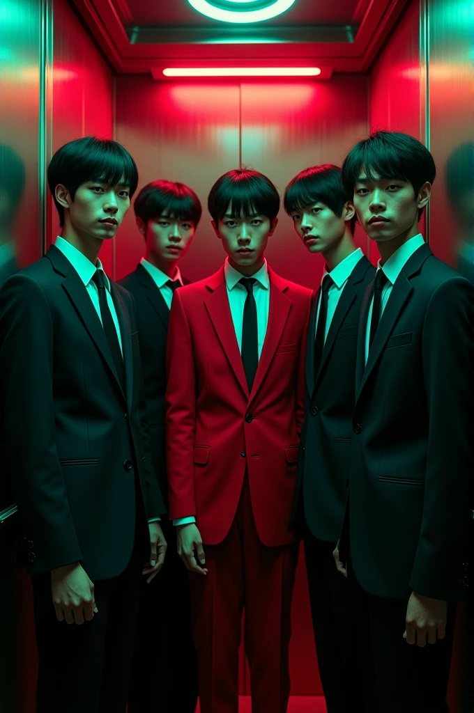 Five young men in formal company attire and one young man with black hair dressed in red, looking terrifying, are in an elevator bathed in neon red and green light. All the men's faces are expressionless, except for the boy in red, who is smiling eerily