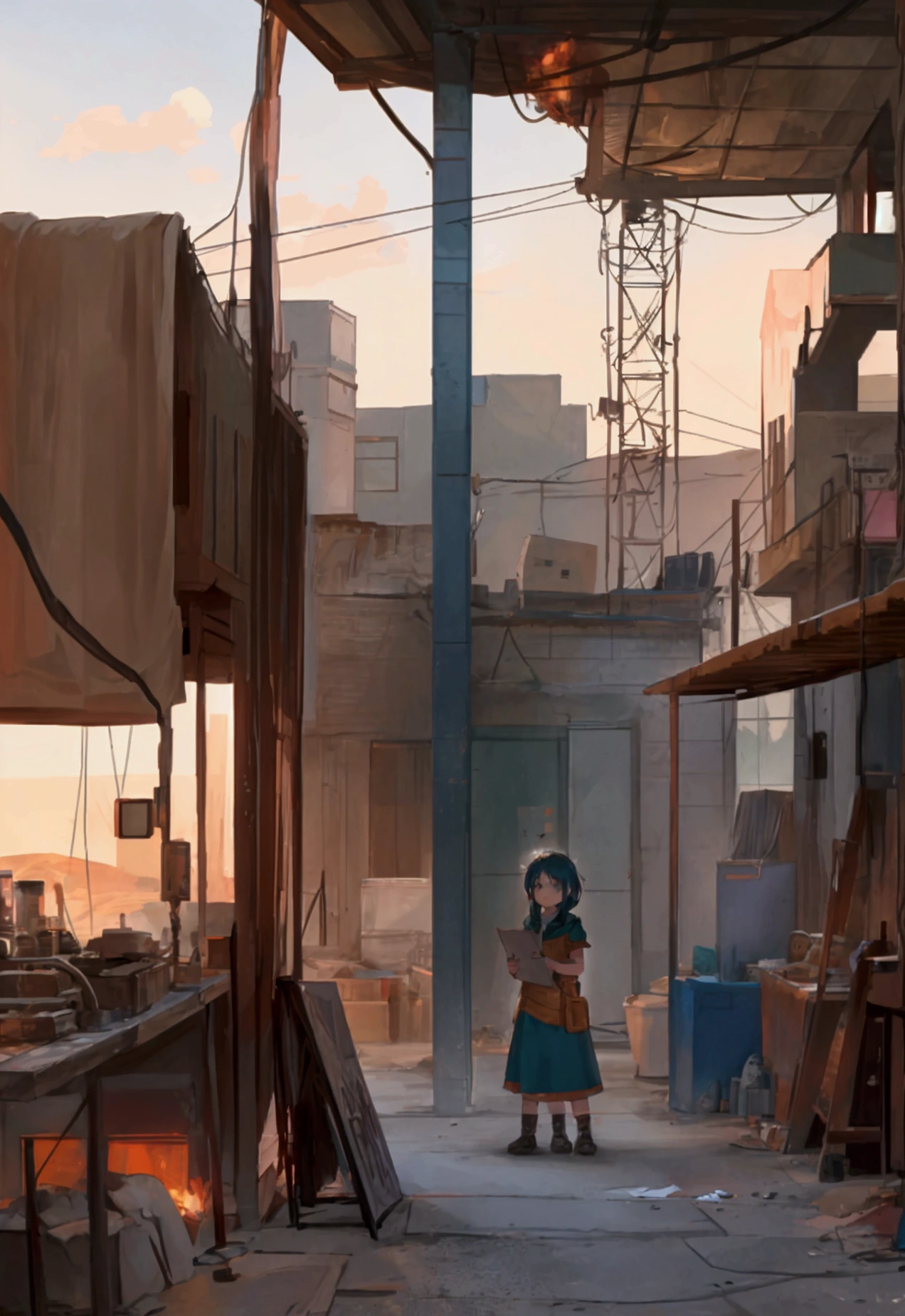 clearing! Here are the prompts for each of the scenes in the trailer:
Scene 1: CITY IMAGES Prompt:
Describe the sunrise in Desert City, focusing on the metal buildings shining under the rising sun. Capture the industrial atmosphere with smoke coming out of factory chimneys. Include the sound of machines working, evoking a sense of activity and life in the city.
Scene 2: MEETING OLD PI Prompt:
Build a scene where Haya, A Curious Child, comes across old Pi. Describe the old man&#39;s appearance and the paper he is holding.. Show the exchange of glances between Haya and Pi, with a focus on the emotions that arise in this brief encounter, and include Haya&#39;s questions about what the words mean.
Scene 3: THE DAILY STRUGGLE Prompt:
Illustrate the daily routine of Haya&#39;s family in Desert City. Show the father working in the mine, the mother cleaning houses and Haya studying with her brothers. Focus on expressions of determination and tiredness, and how each family member fights for a better future by the light of a lamp.
Scene 4: THE SOLSTICE SCHOOL Prompt:
Create a scene of children in a makeshift school, where they learn in a precarious environment. Highlight the expressions of anxiety and hope on the children&#39;s faces. Show voltage while testing, capturing the desire for learning and the struggle for a future.
Scene 5: THE PRICE OF FREEDOM Prompt:
Describe a dramatic sequence that illustrates the disintegration of families in Desert City.. Show the harrowing moments of children being separated from their parents and the desolation in their expressions. Focus on the feeling of despair, highlighting the high price many pay for freedom and survival.
Scene 6: THE PROCLAMATION OF HAYA Prompt:
Capture the moment Haya rises, Looking to the horizon with determination. Describe your expression as you hold the piece of paper you found.. Include your words full of hope and struggle, revealing his determination to seek a better future.
Cena 7: THE MACHINE GRAVEYARD Prompt:
Illustrious Beech