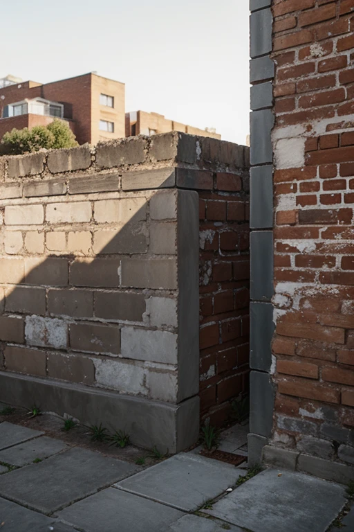 Old brick wall with plaster remains,  there are new concrete blocks nearby,  creating a contrast between old and new