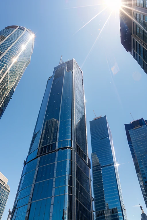 Glass tower skyscraper, with glittering reflections of the city, against the blue sky