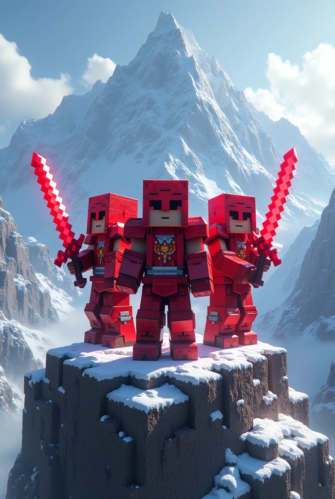 Make me an image with three Minecraft players with red netherite armor and all three have the red sword, the three are on the Snowy Mountain
