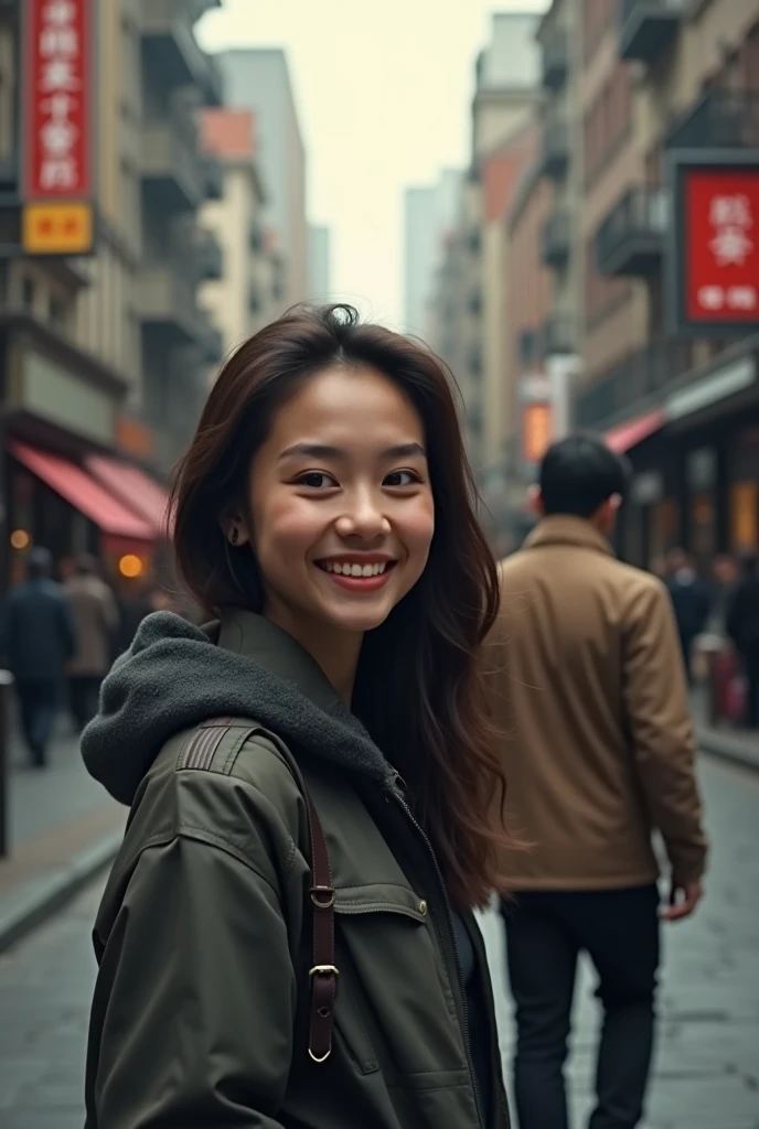 Smiling woman in front and sad man in back walking away , realistic 4k Only one man in the image With the man's back to the woman