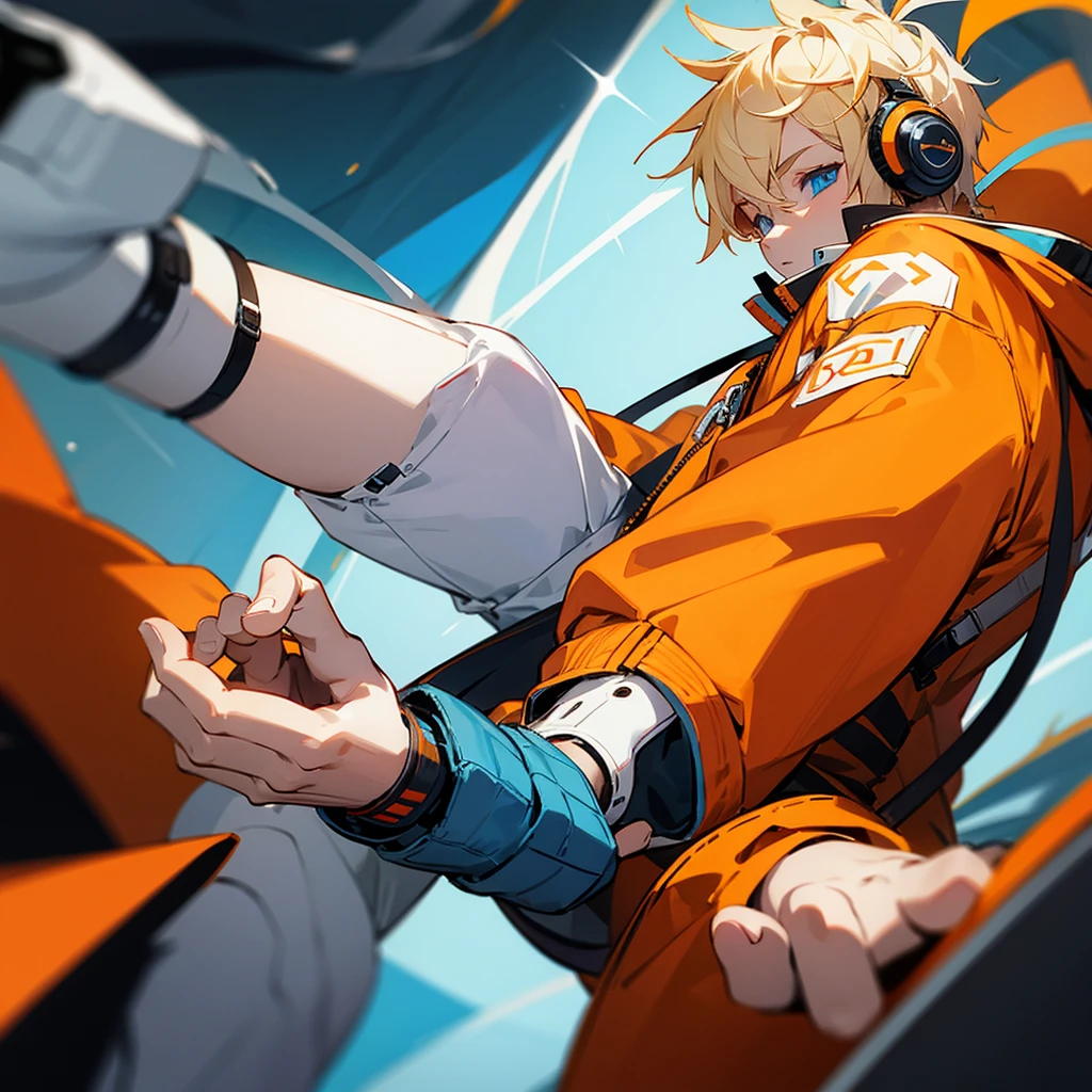 Blond boy with blue eyes in orange jacket. Playing on your cell phone with gaming headphones on your ears