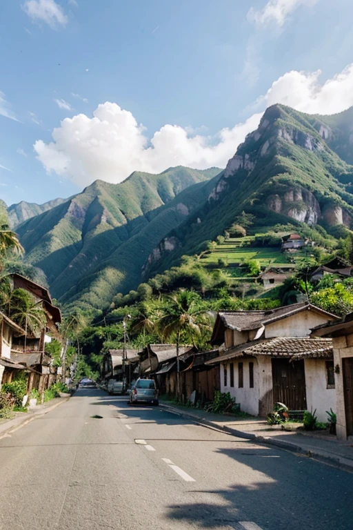 Village in a mountain valley in the afternoon with coconut trees lining the roadside