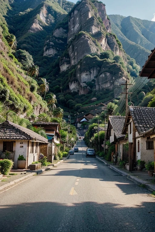 Village in a mountain valley in the afternoon with coconut trees lining the roadside 