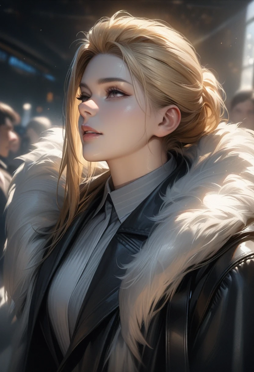 masterpiece, best quality, Super detailed, High Definition, HdR, realistic, depth, fine texture, super fine, Complete concentration, Pale man with blond hair and a mullet cut, looking over his shoulder, posing on the back, wearing a black jacket, formal black bag, wearing a fluffy black coat, fur coat. 