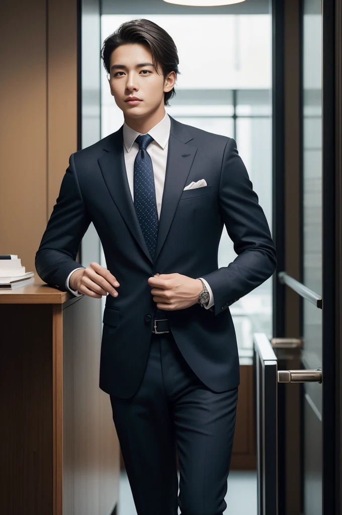 [Core Concept]
A stylishly dressed young Japanese businessman, exuding sophistication and confidence in his tailored brown suit.

[Character Description]
A handsome 20-year-old Japanese man, with a refined and gentle demeanor. He embodies the essence of the quintessential "class S" gentleman, radiating an effortless charm.

[Environment/Background]
The scene takes place in a modern, professional office setting, providing a sleek and sophisticated backdrop for the young businessman.

[Style and Atmosphere]
The overall style is one of high-end elegance and refinement, with the luxurious suit and accessories complementing the serene and polished atmosphere.

[Composition]
The full-body portrait captures the young man's striking presence, showcasing his impeccable appearance from head to toe, against the backdrop of the office environment.

[Details and Embellishments]
The image is rendered with exceptional attention to detail, capturing the intricate textures and subtle nuances of the suit, accessories, and the subject's facial features. The high-quality, photorealistic depiction elevates the scene to a level of artistic mastery.

[Technical Specifications]
The image is a high-resolution (8K) computer-generated artwork, showcasing the pinnacle of visual fidelity and realism in the realm of digital art.