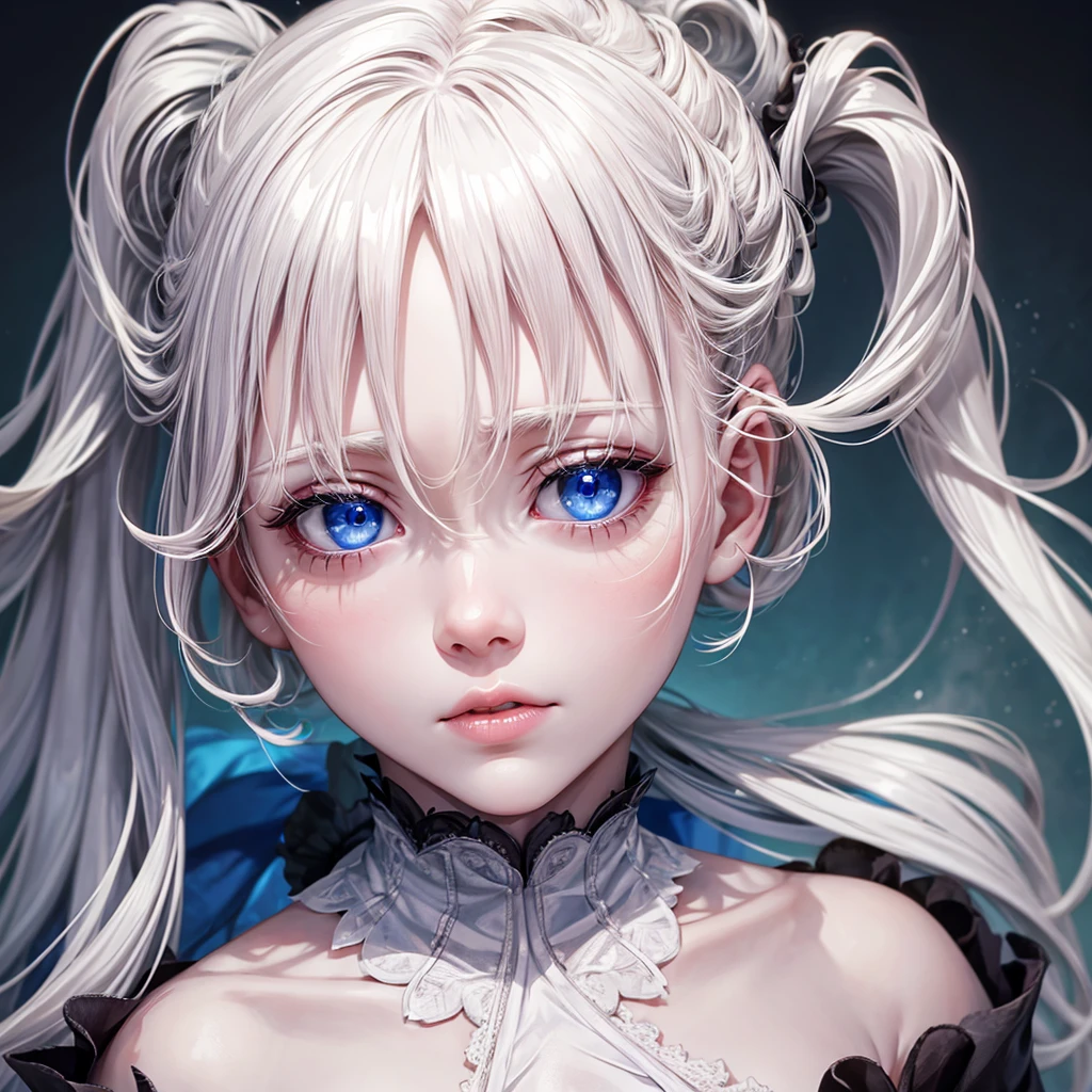 An albino boy, with hair up to shoulders, blue eyes with a porcelain doll face and lips with a light wine tone