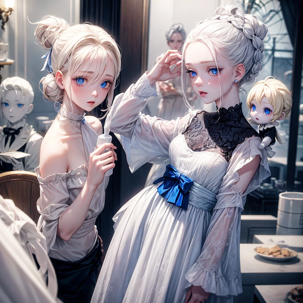 An albino boy, with hair up to shoulders, blue eyes with a porcelain doll face and lips with a light wine tone
