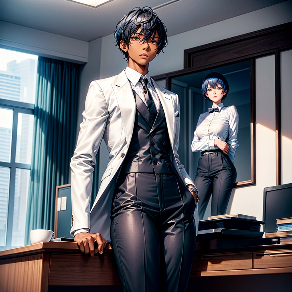 Adult black girl with short blue hair and wavy hair, tall height and slim body build wearing a smart white shirt and stylish jacket with a black tie untied around her neck wearing elegant men's dress pants and small men's dress shoes sitting on top of a desk with Big brown eyes