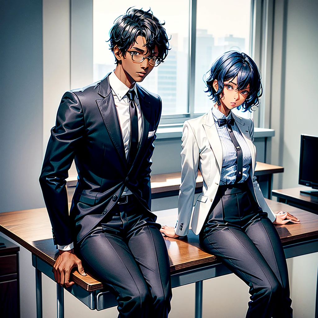 Adult black girl with short blue hair and wavy hair, tall height and slim body build wearing a smart white shirt and stylish jacket with a black tie untied around her neck wearing elegant men's dress pants and small men's dress shoes sitting on top of a desk with Big brown eyes