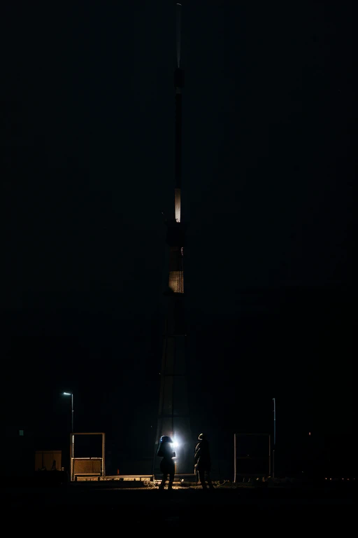 Night construction,  illuminated by floodlights,  with the noise of working machines and silhouettes of workers