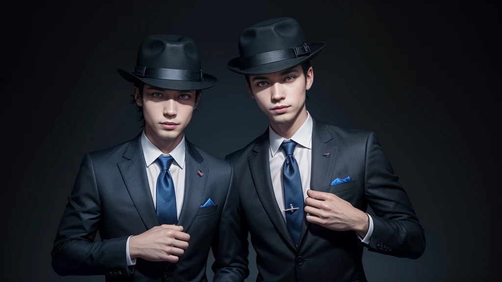 create image of two men with red eyes dressed in suit and tie with black hat, that they have the symbol of a blue star in their hands with a falling dollar background
