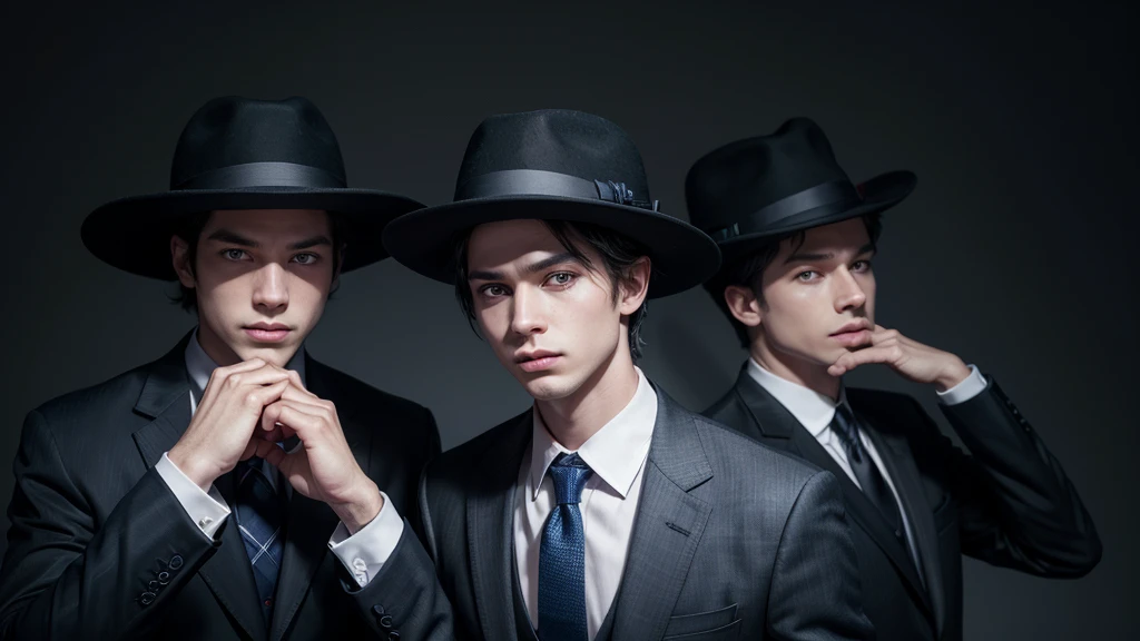 create image of two men with red eyes dressed in suit and tie with black hat, that they have the symbol of a blue star in their hands with a falling dollar background