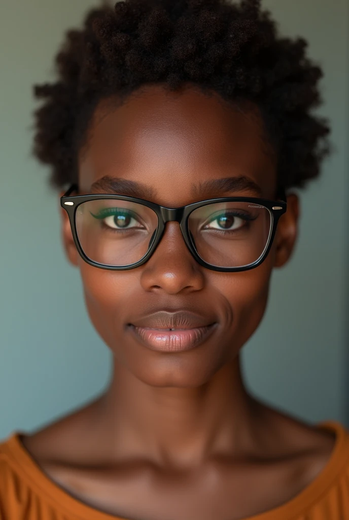 best quality, expressive eyes, smile, perfect face, African female, 23yo African, brown short hair, black eyes, black glasses