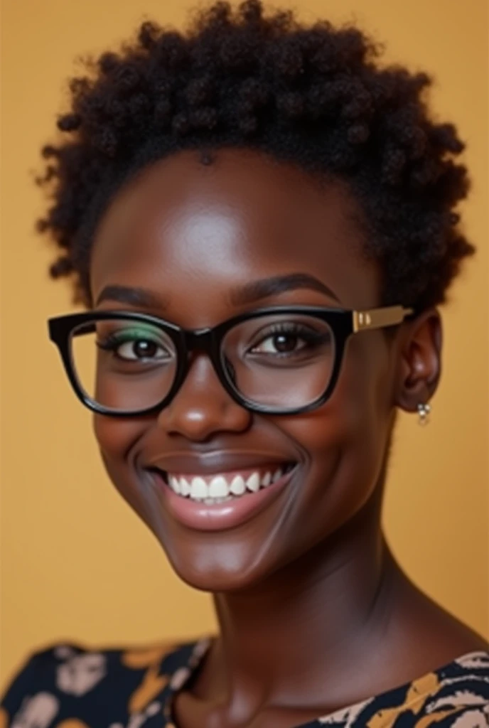 best quality, expressive eyes, smile, perfect face, African female, 23yo African, brown short hair, black eyes, black glasses