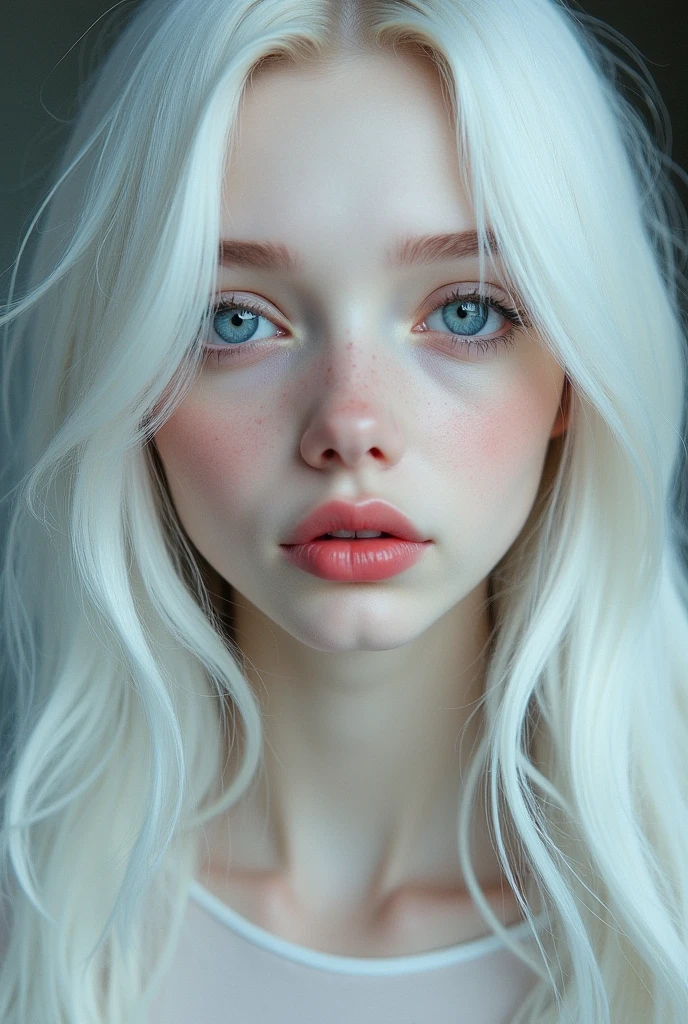 a girl with white long hair blue eyes white pale skin red lips