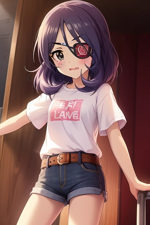 Hayasaka Mirei,purple hair,multicolored hair,fang,brown eyes,short hair,eyepatch,white shirt,Denim shorts,shorts rolled,belt
