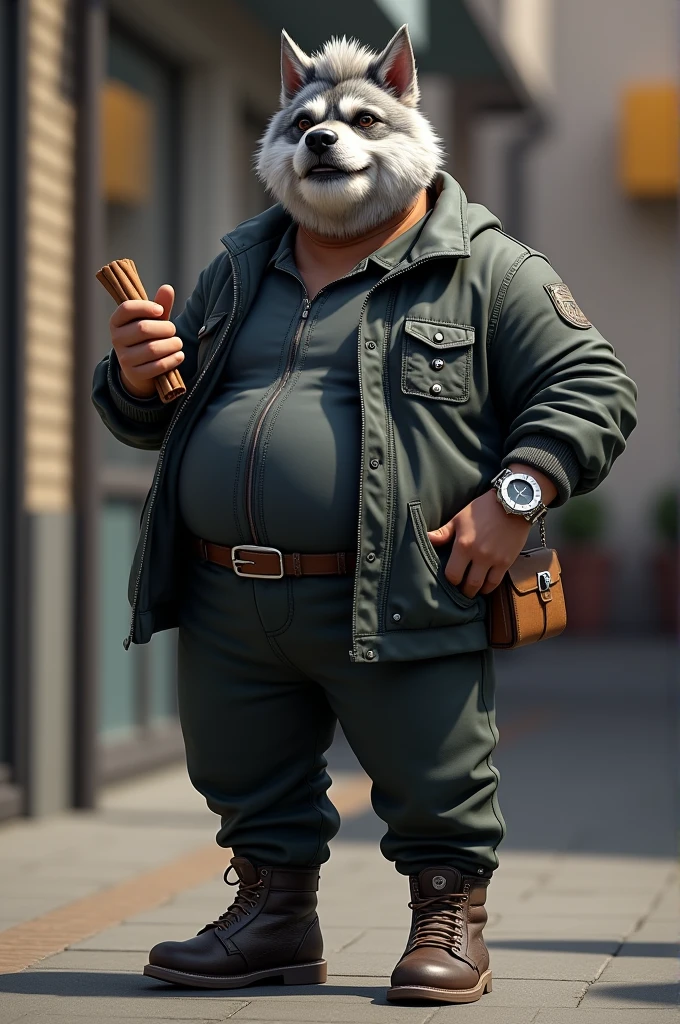 Gray Shepherd Slightly Overweight Middle Age , modern outfit, tight pants and cinnamon sample, expensive watch, cool spiky hair,