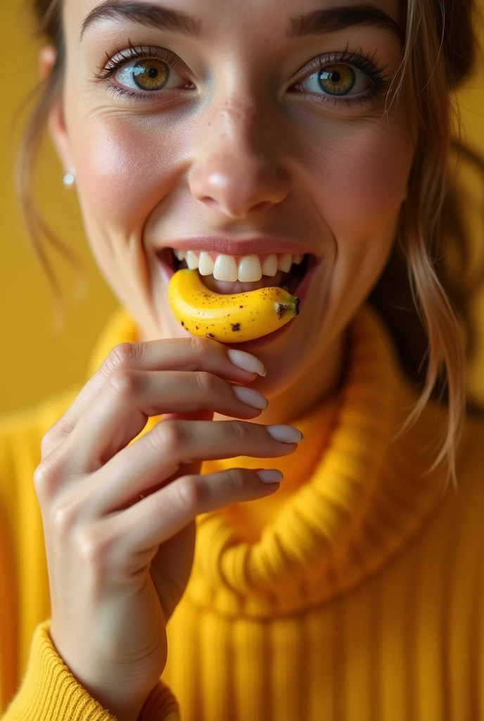 realistic image of a woman eating a banana candy