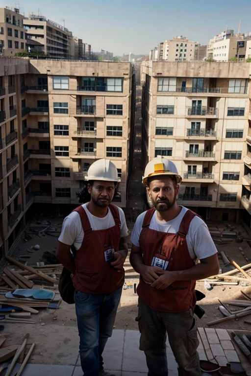 Builders, tired but proud, look at their work, to a huge complex of buildings, built by them.
