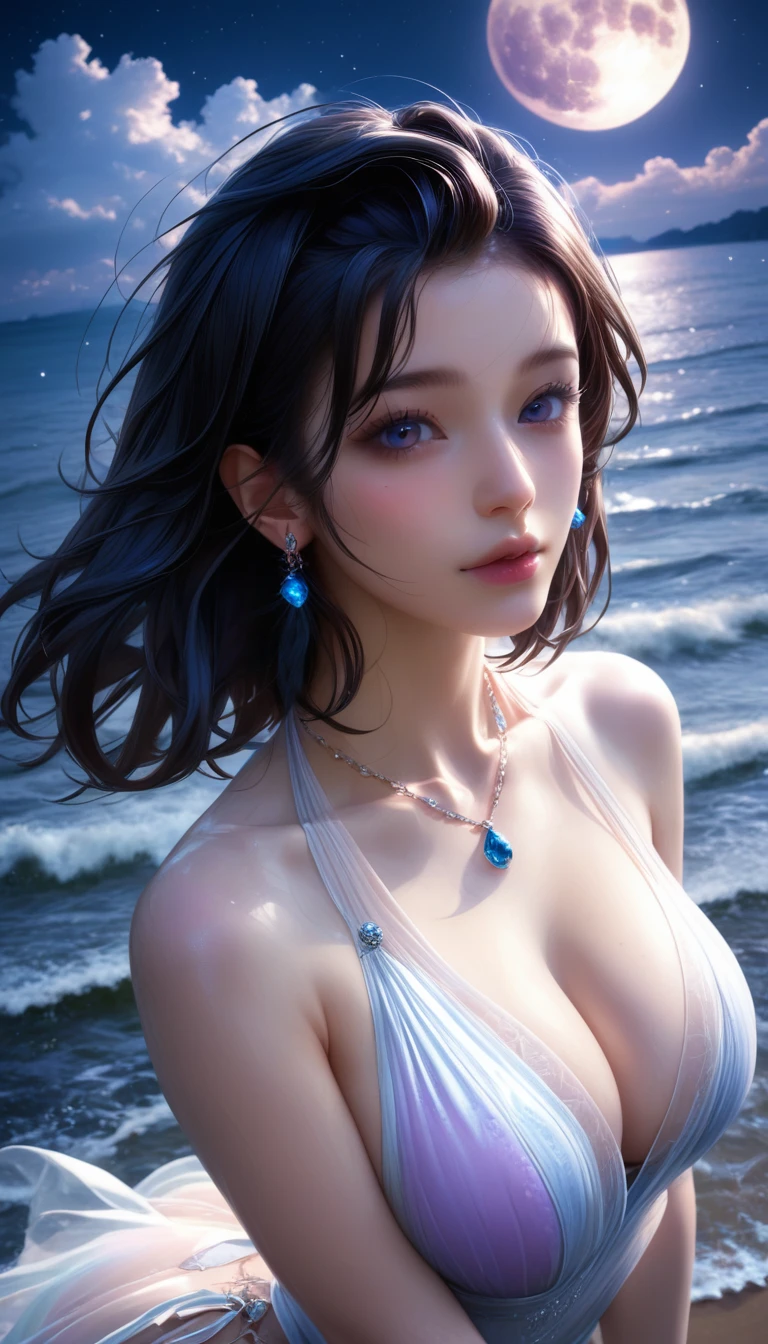 score_9, score_8_superior, score_7_superior, A masterpiece in 32K resolution,Highest quality,it is really amazing,Very detailed,Ultra-high resolution,Ultra-realistic,Realistic,Increased depth of field,Cinematic lighting,
Elegant Japanese adult woman,
black straight medium hair,Ultra-detailed and beautiful face,Gentle expression,Translucent white skin,Realistic skin texture,
Sexy Swimwear,
Bold design,Artistic design,Beautiful and detailed pattern,Detailed fabric texture,
Gorgeous necklace,Earrings,
Coastline at night,Giant Moon,Dark clouds floating in the dark night sky,
High angle,